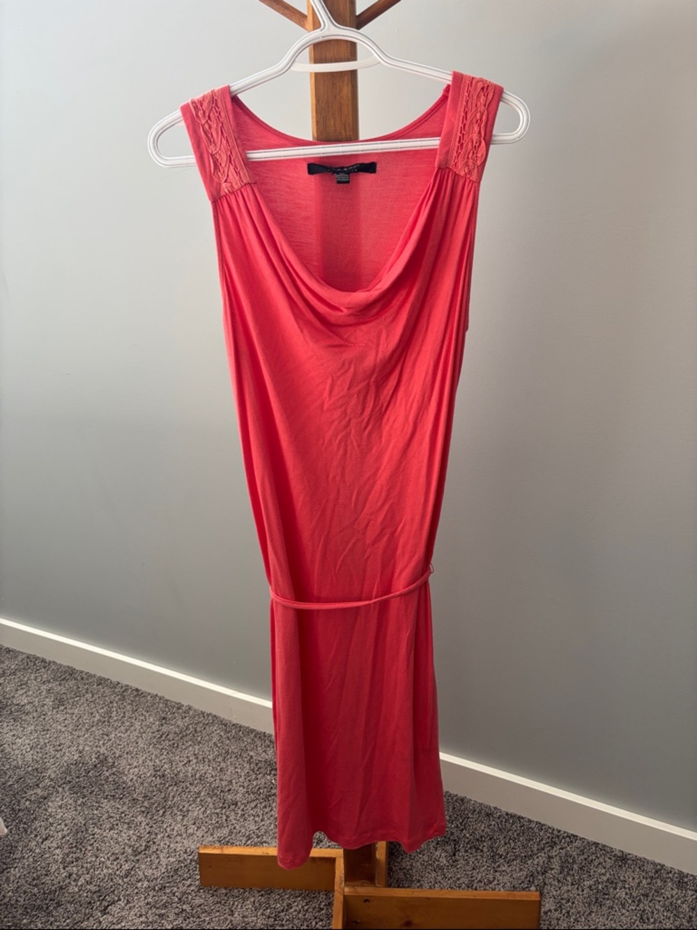 Cowl Neck Coral Mini Dress with Lace-Trim Straps